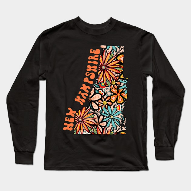 New Hampshire State Design | Artist Designed Illustration Featuring New Hampshire State Outline Filled With Retro Flowers with Retro Hand-Lettering Long Sleeve T-Shirt by MarcyBrennanArt